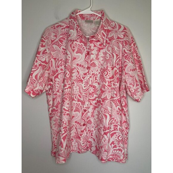 ERIKA Linen Blend Button Up Short Slv Shirt Womens XL Pink Floral Beach Summer - Picture 1 of 6